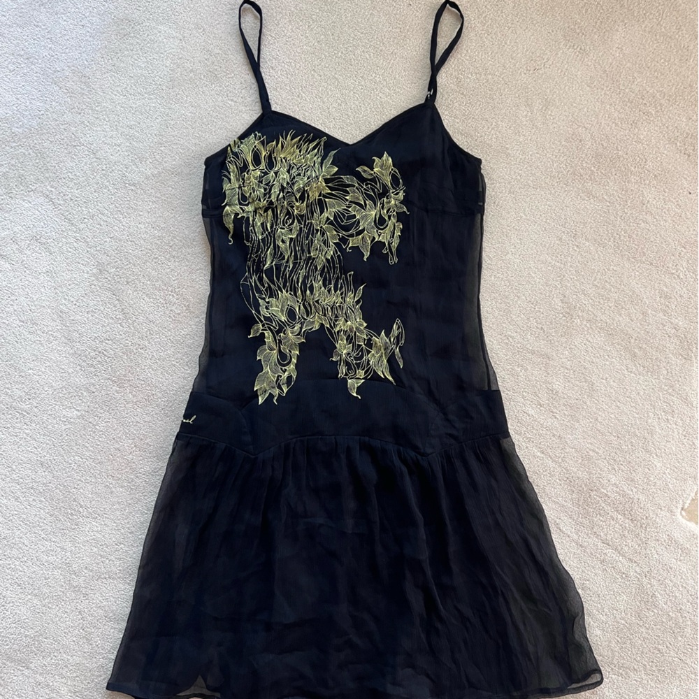 Diesel Black Silk Dress w/Embroidery Detail